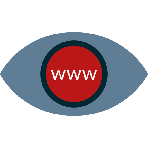 Icona Disegnata di Occhio in Blu con Pupilla Rossa contenente scritta www. Sta per Ascolto del Cliente.